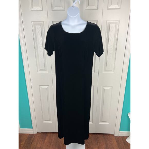 90s Black Maxi Velour Velvet Short Sleeve Back Slit Shift Dress XL - Picture 6 of 7